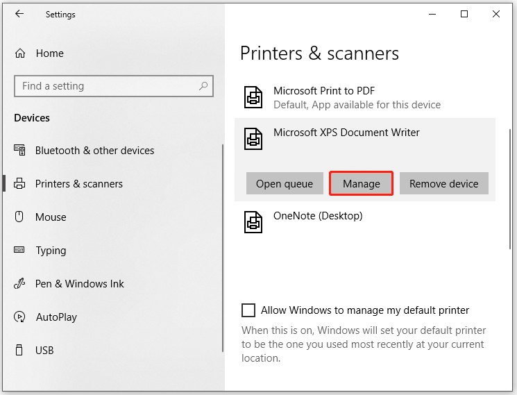 cliquez sur gérer sous Microsoft XPS Document Writer