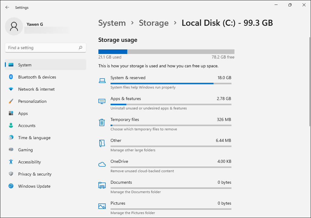 Utilisation du stockage après l'installation propre de Windows 11