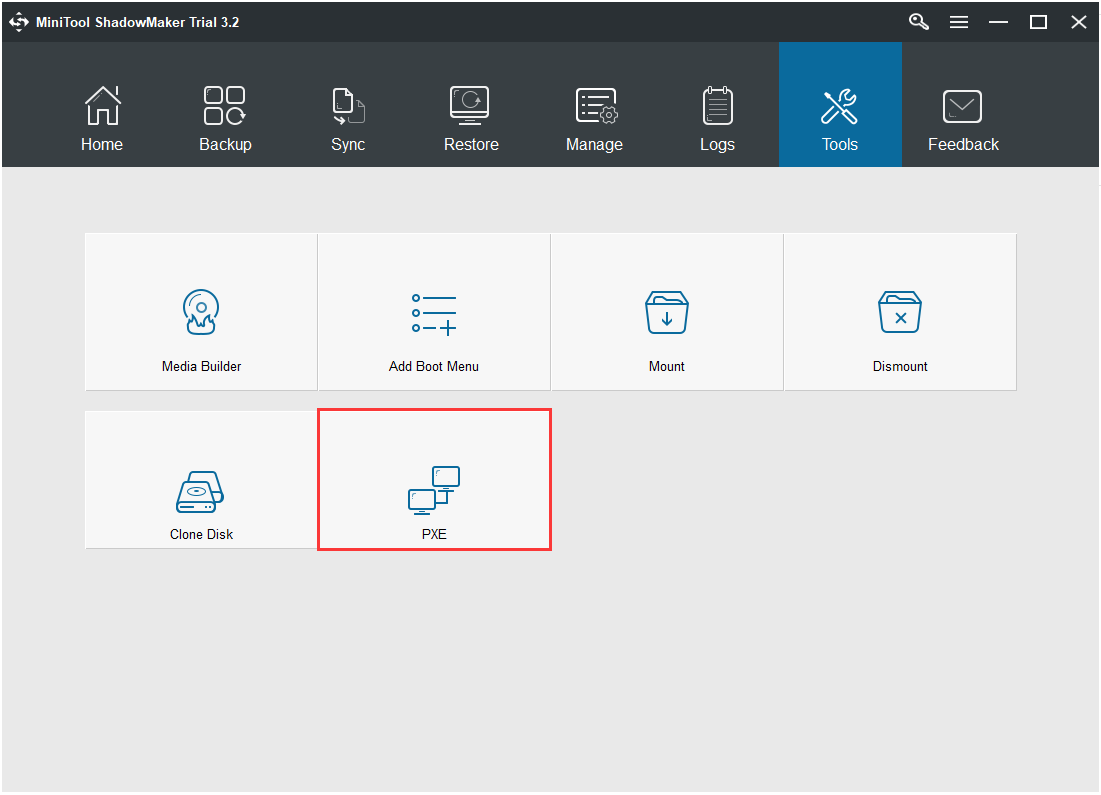 cliquez sur la partie PXE sous l'onglet Outils