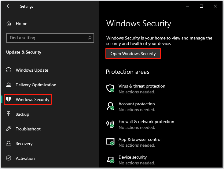 ouvrir la sécurité Windows