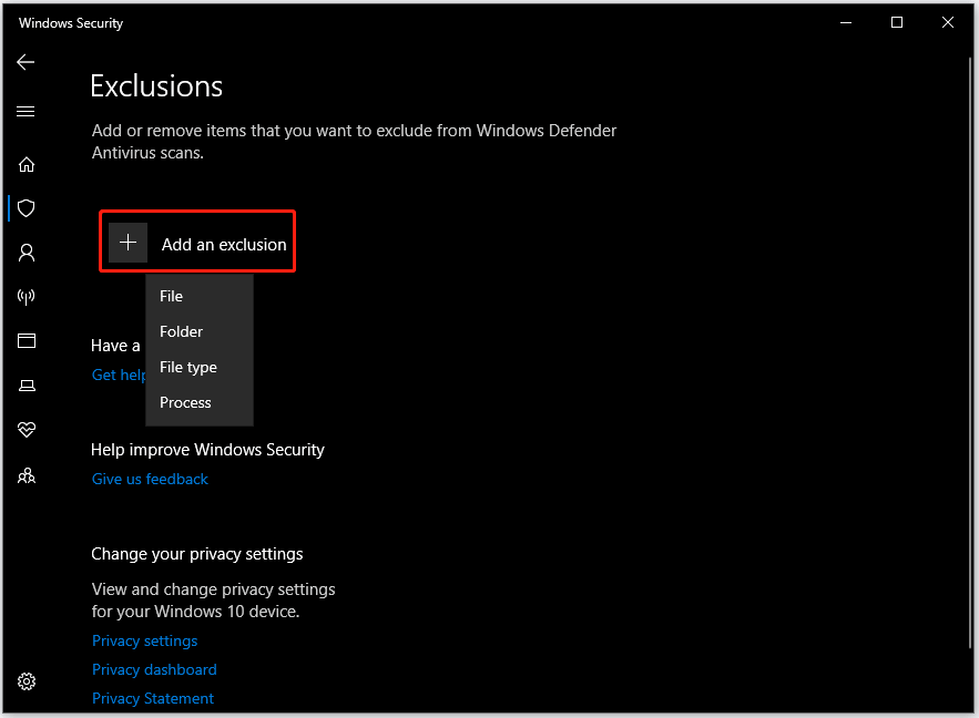 ajouter une exclusion dans la sécurité Windows