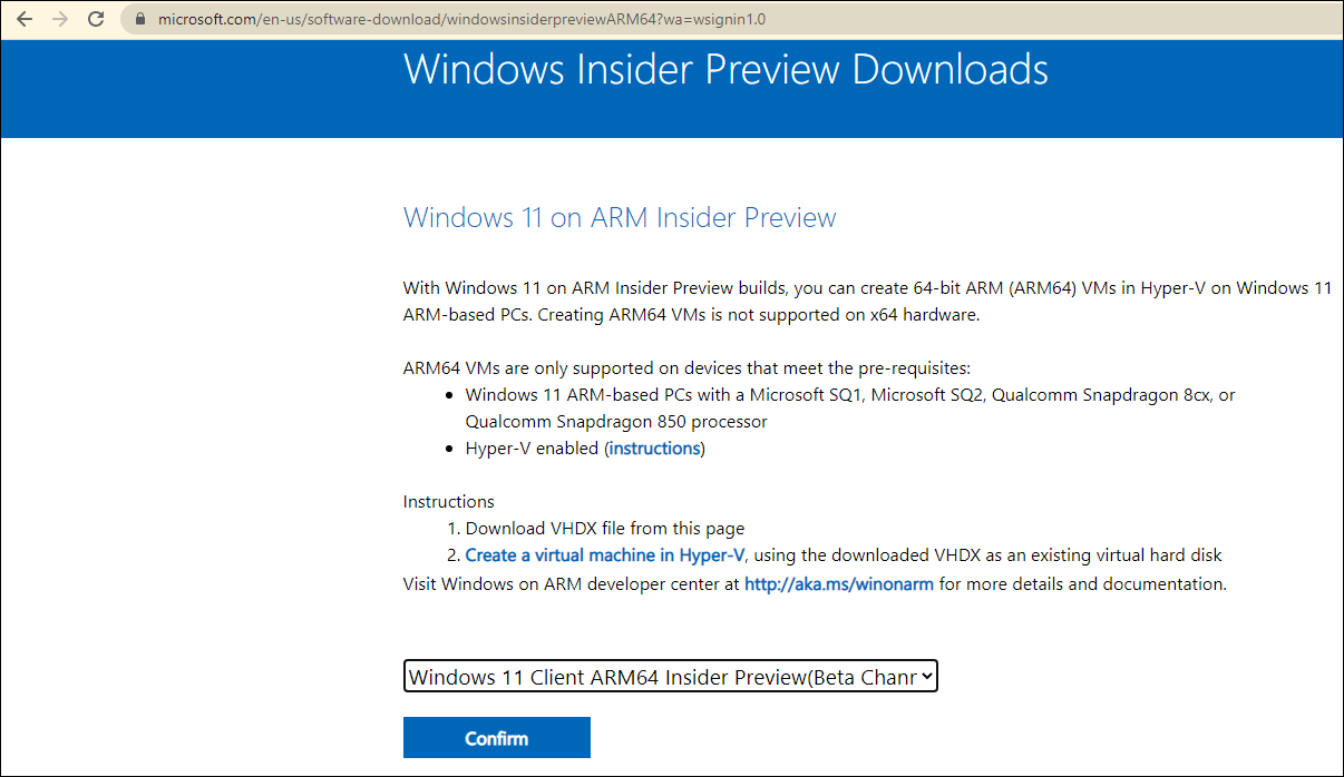Téléchargement de Windows 11 sur ARM Insider Preview Build