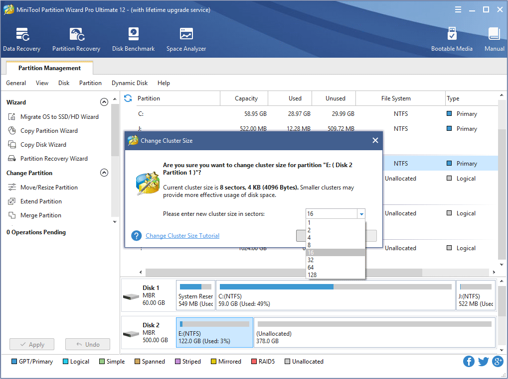 enter new cluster size in sectors