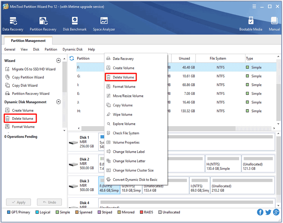 the location to choose Delete Volume