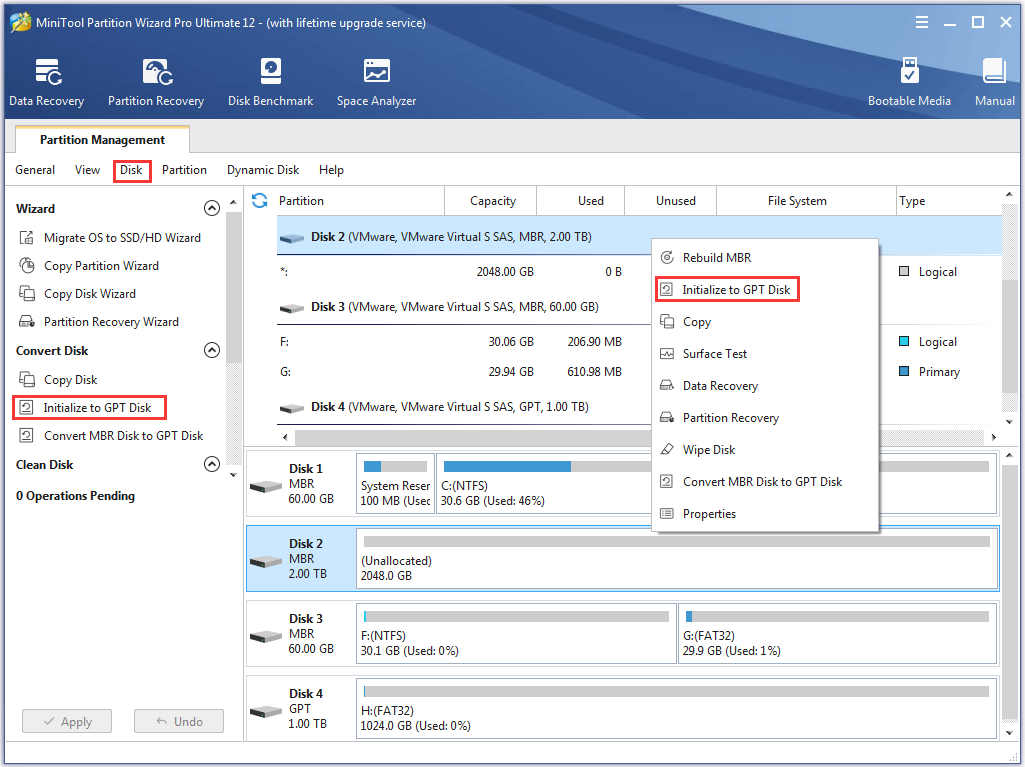 choose initialize to GPT disk