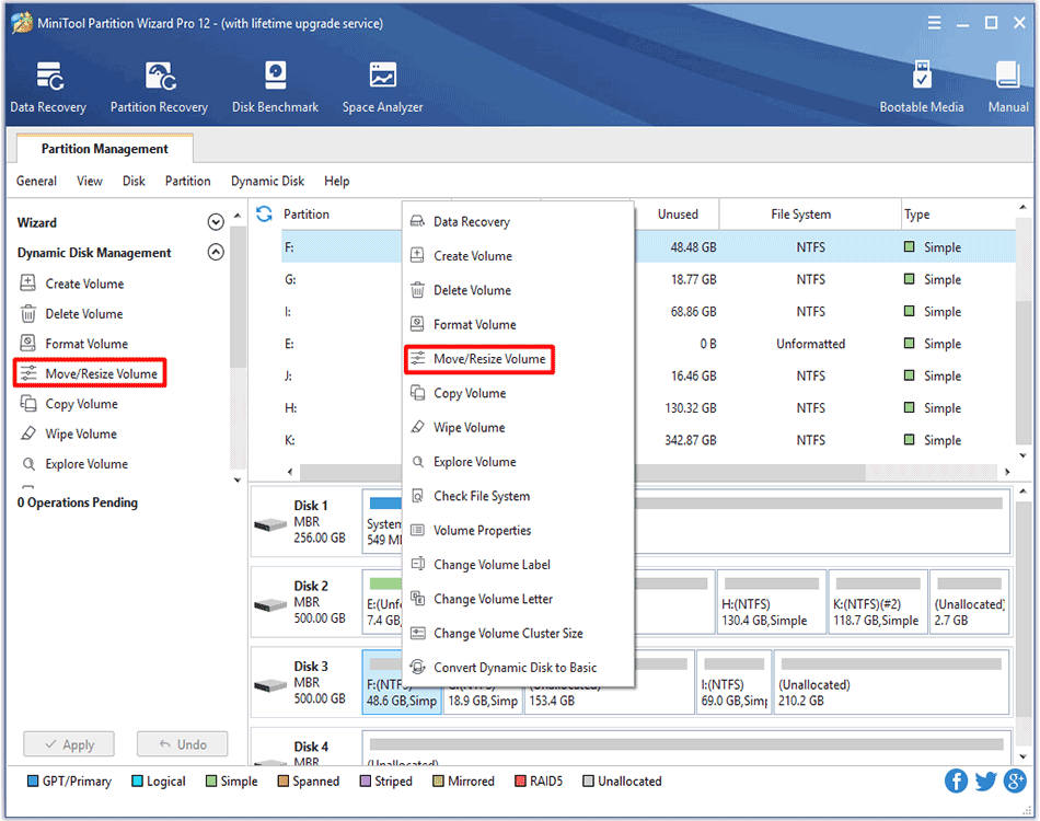 choose Move/Resize Volume feature