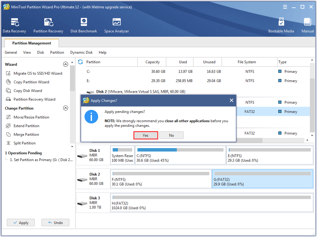 tap Yes to allow the pending operation