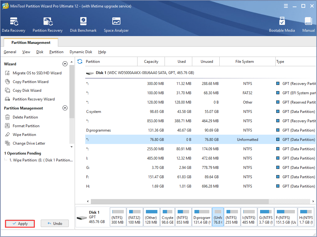 click Apply to execute partition wiping