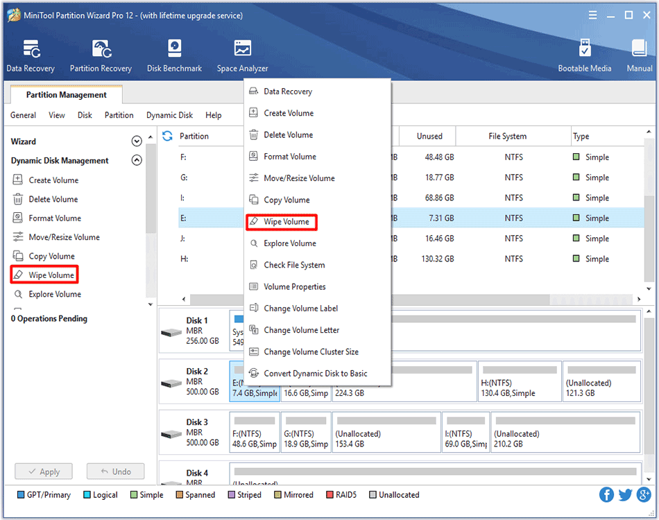 how to select wipe volume