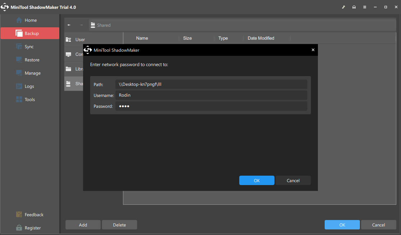 type the network path and username and password