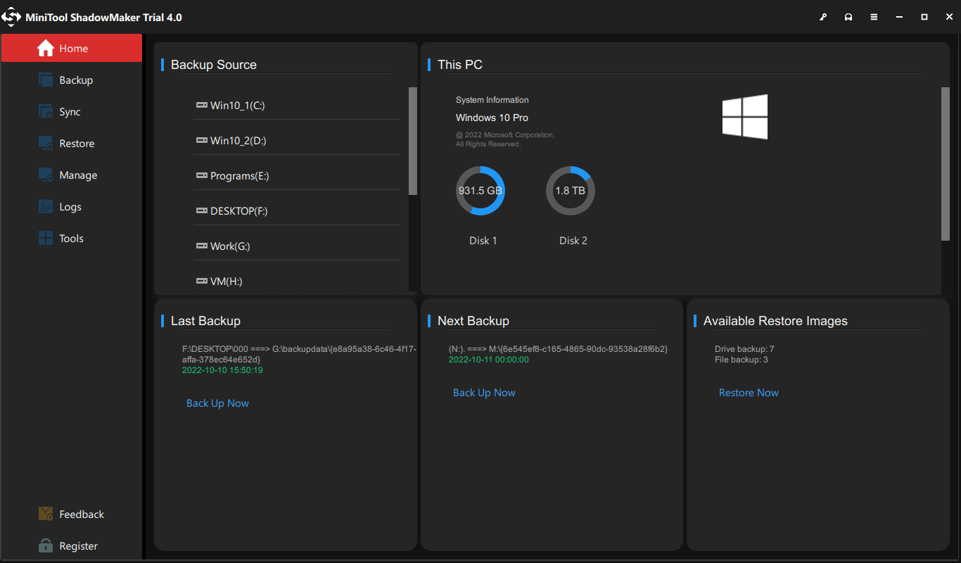 mian interface of MiniTool ShadowMaker