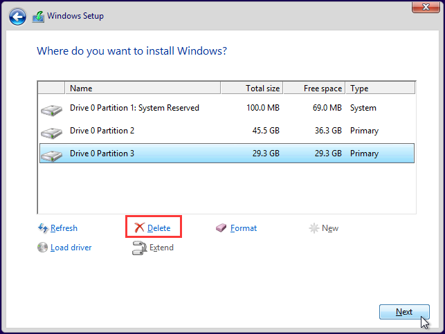 eliminare le partizioni e quindi scegliere un disco rigido per installare Windows 10