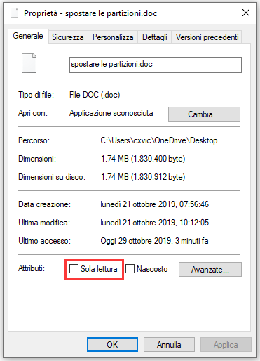 non controlla lo stato di Sola lettura del file