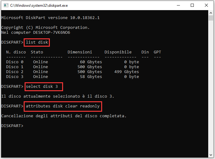 attribute disk clear readonly comando