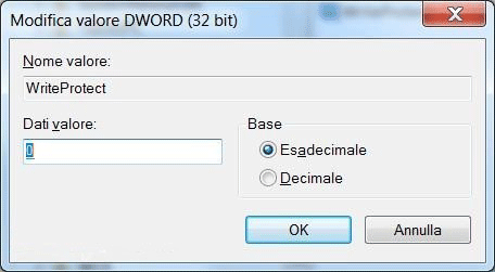 modifica la chiave protetta da scrittura su 0