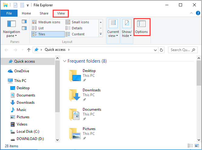 vai su Opzioni di Esplora file