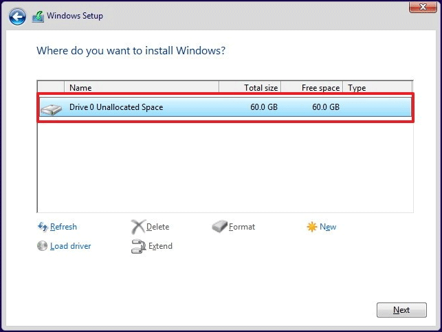 scegli una posizione per installare Windows 10