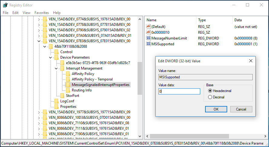 modificare i dati del valore di MSISupported