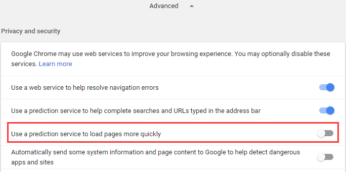 disabilita il servizio di previsione in Chrome