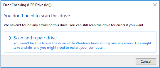 verificare la presenza di errori dell'unità USB