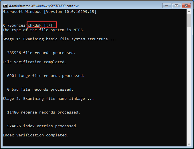 eseguire chkdsk nel supporto di installazione di Windows