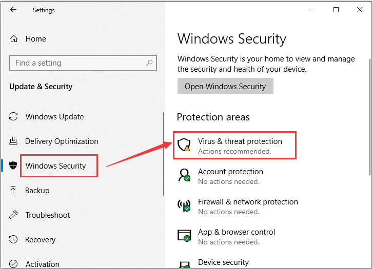 scegli Protezione da virus e minacce