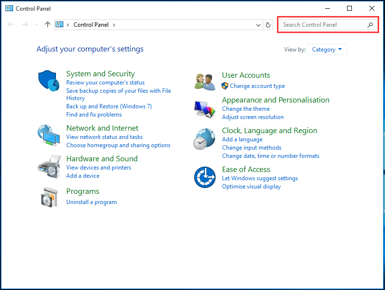 Search function of Control Panel