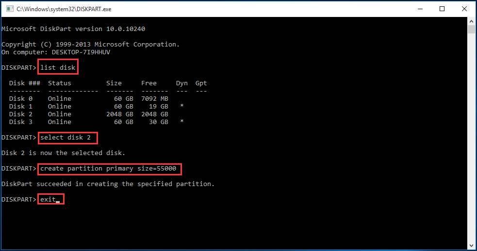 create a primary partition with diskpart