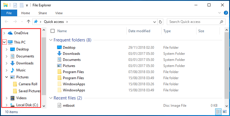 left window of Windows Explorer