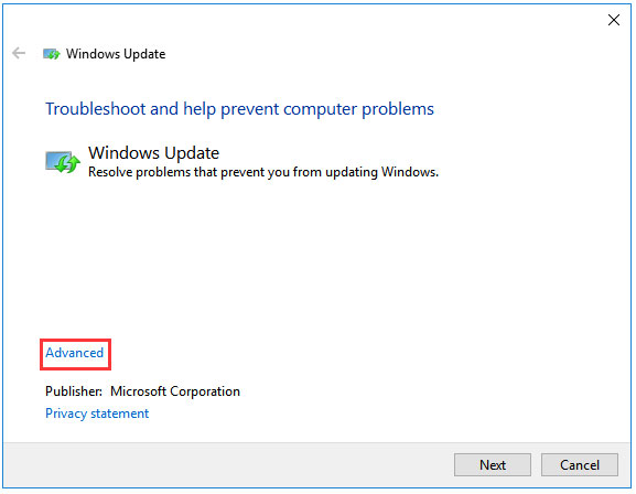 click Advanced in Windows Update window