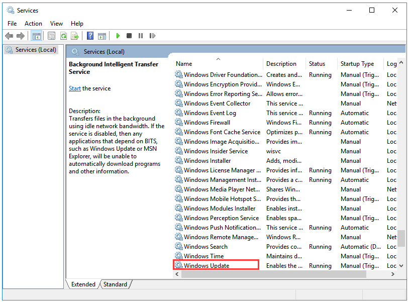 select Windows Update among the options