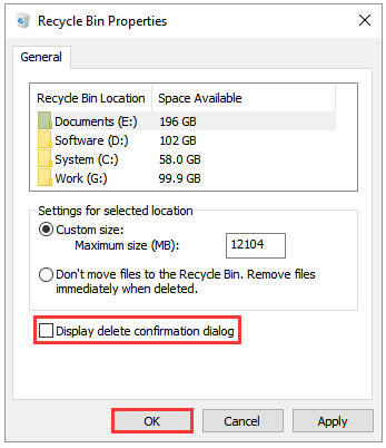 uncheck the box next “Display delete configuration dialog”