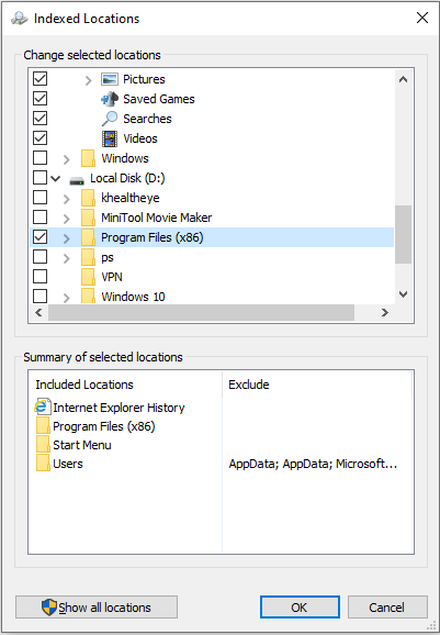 modify the indexing options