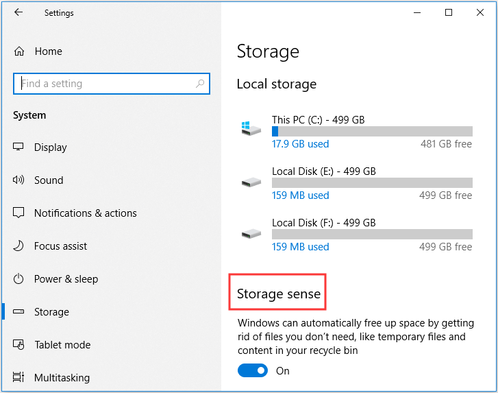 the location of Storage sense