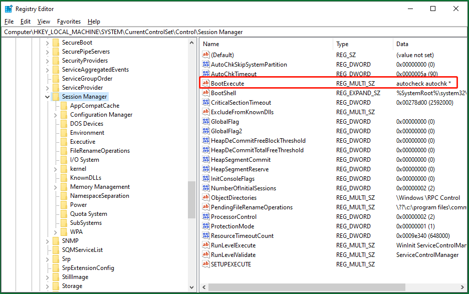 HKEY_LOCAL_MACHINE\SYSTEM\CurrentControlSet\Control\Session Manager\BootExecute