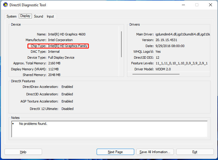 computer chip type in DirectX Diagnostic Tool