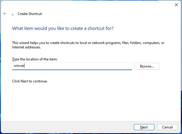 create winver shortcut