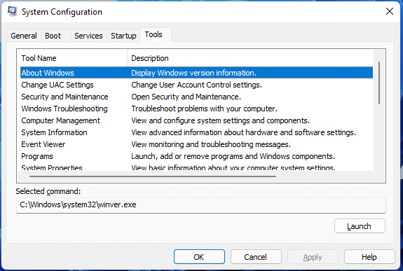 run winver from System Configuration