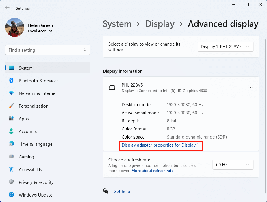 display adapter properties Windows 11