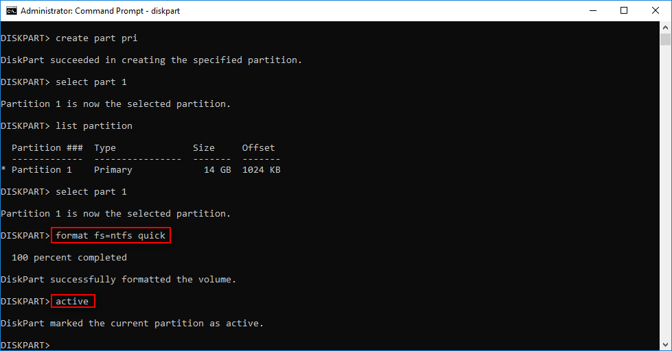 format partition and set active