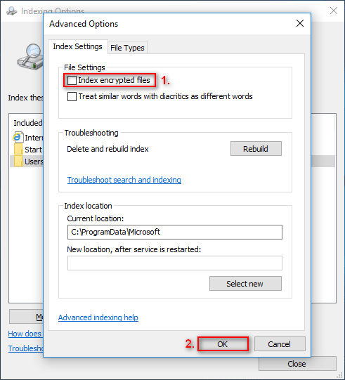 check Index encrypted files and click on OK