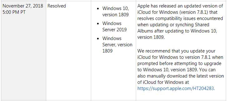 Microsoft support page about iCloud for Windows Compatibility Issue
