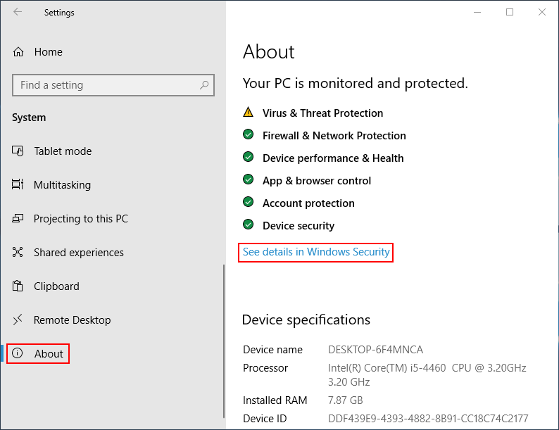 See details in Windows Security