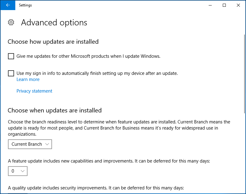 advanced options for Windows 10 update