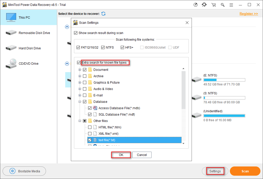 Extra search for known file types