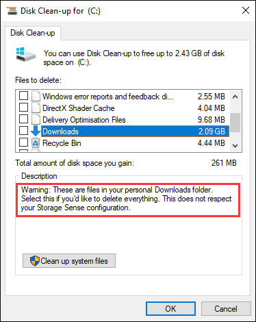 Disk Cleanup Tool warning message