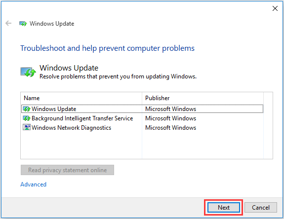 enter Windows Update Troubleshooter