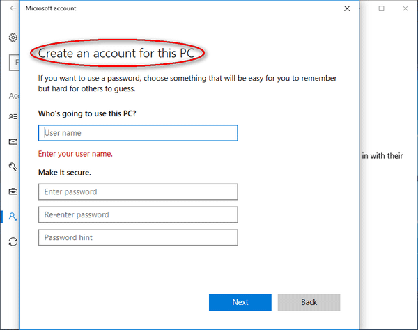 Create an account for this PC