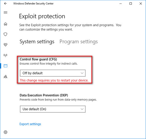 Turn off Control flow guard