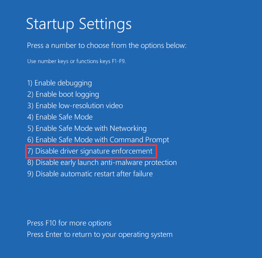 Disable driver signature enforcement